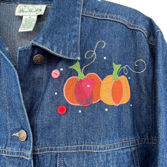 The Quacker Factory Womens‎ Denim Jacket Autumn Thanksgiving Scarecrow Pumpkins - Picture 3 of 7